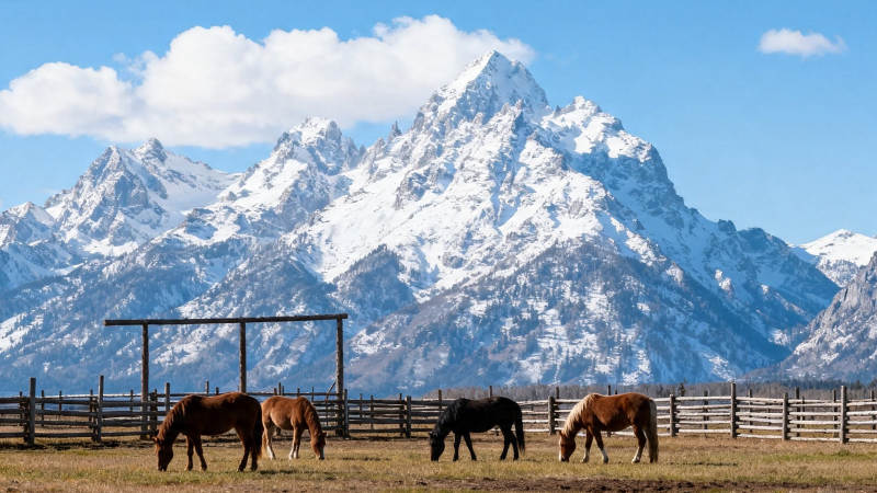 雪山下四马悠然吃草图片