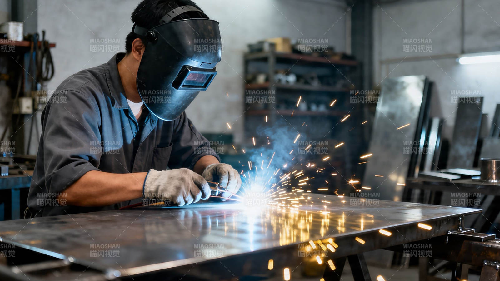 焊工火花四溅作业中图片