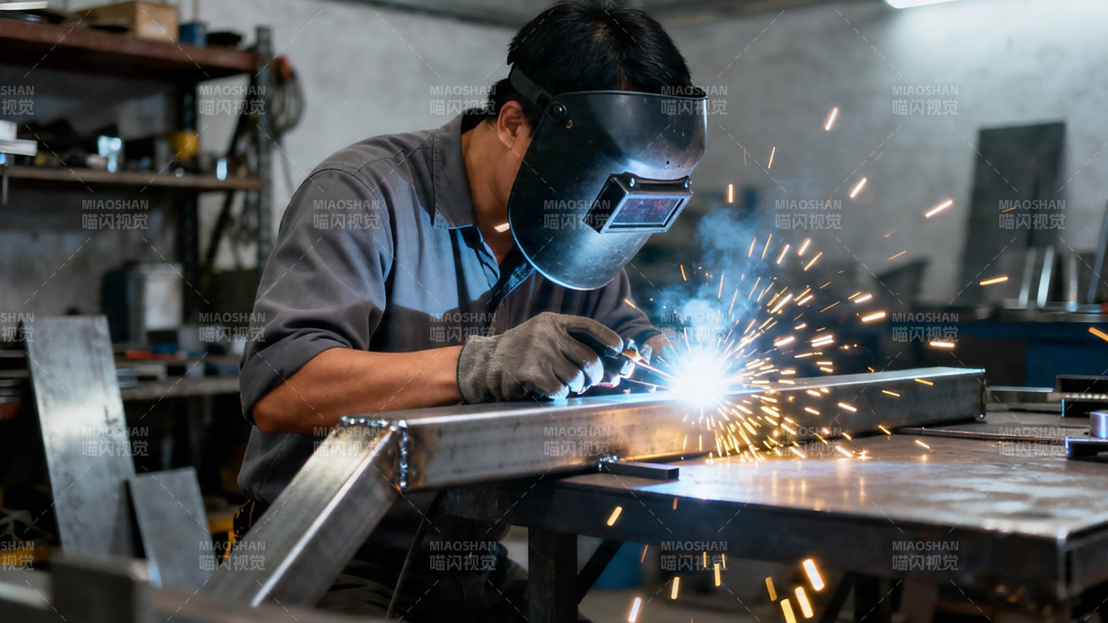 焊工火花四溅作业中图片