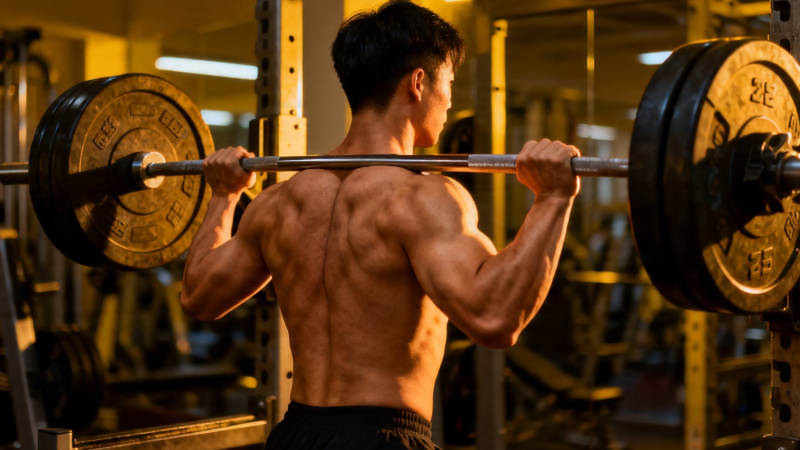 健身男举杠铃练背肌图片