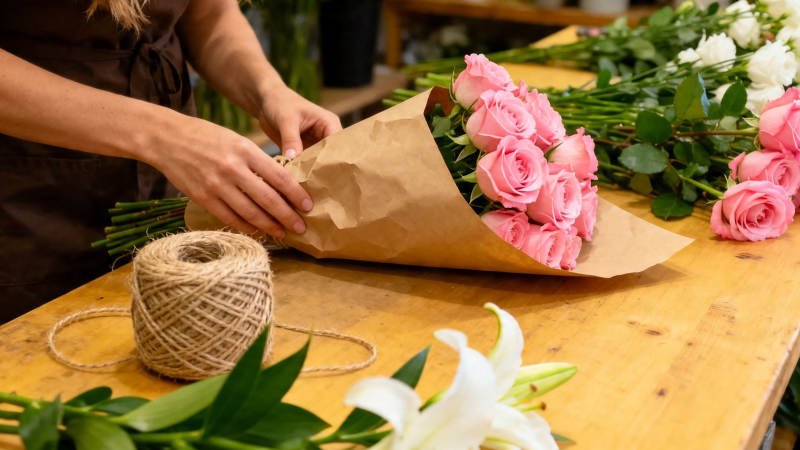 花艺师包装粉玫瑰花束图片