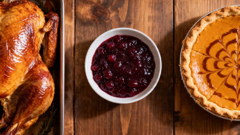 感恩节美食 烤鸡 蔓越莓酱 南瓜派图片