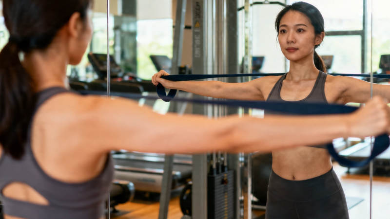 女子健身房拉弹力带训练图片