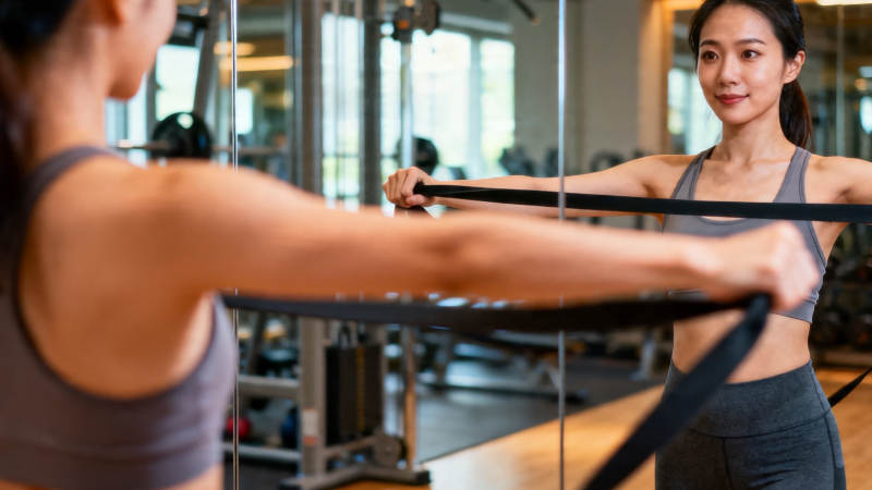 女子健身房拉弹力带训练图片