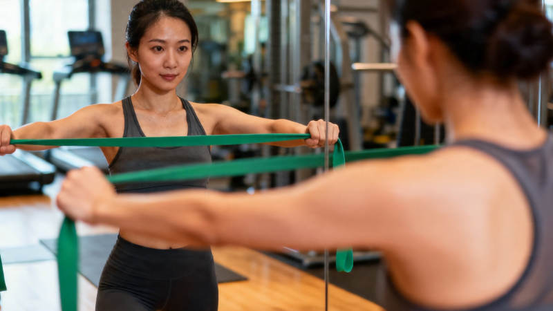 女子健身房弹力带训练图片