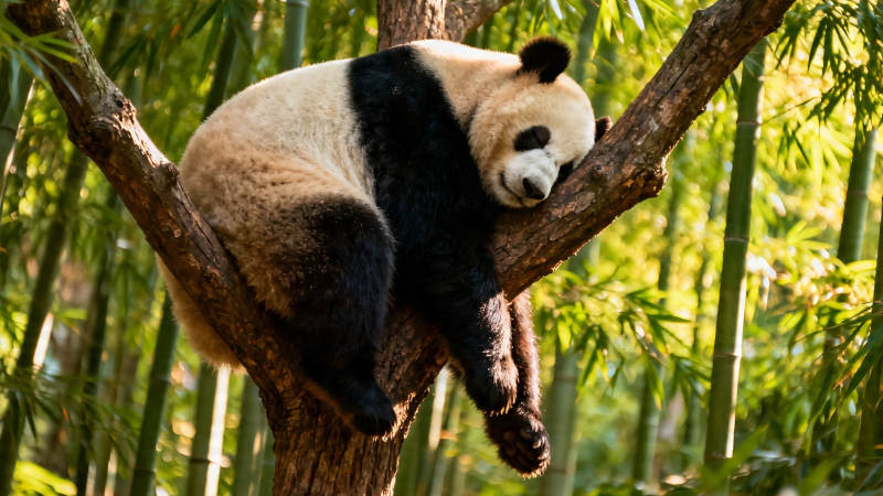 熊猫树上酣睡 竹林环绕图片