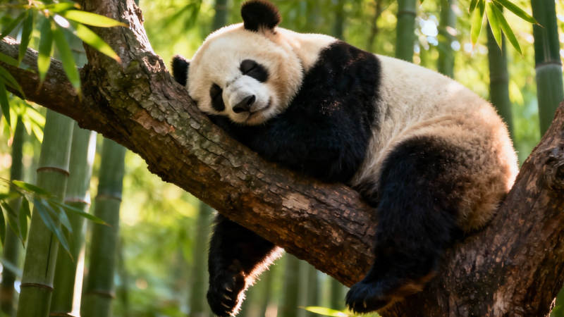 熊猫树上酣睡 竹林环绕图片