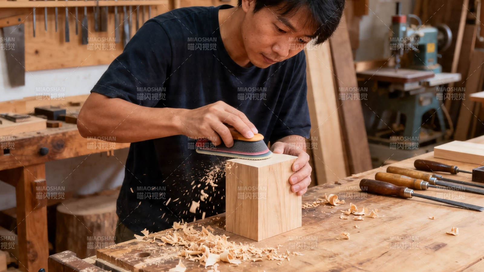 木工打磨木块 专注匠心图片