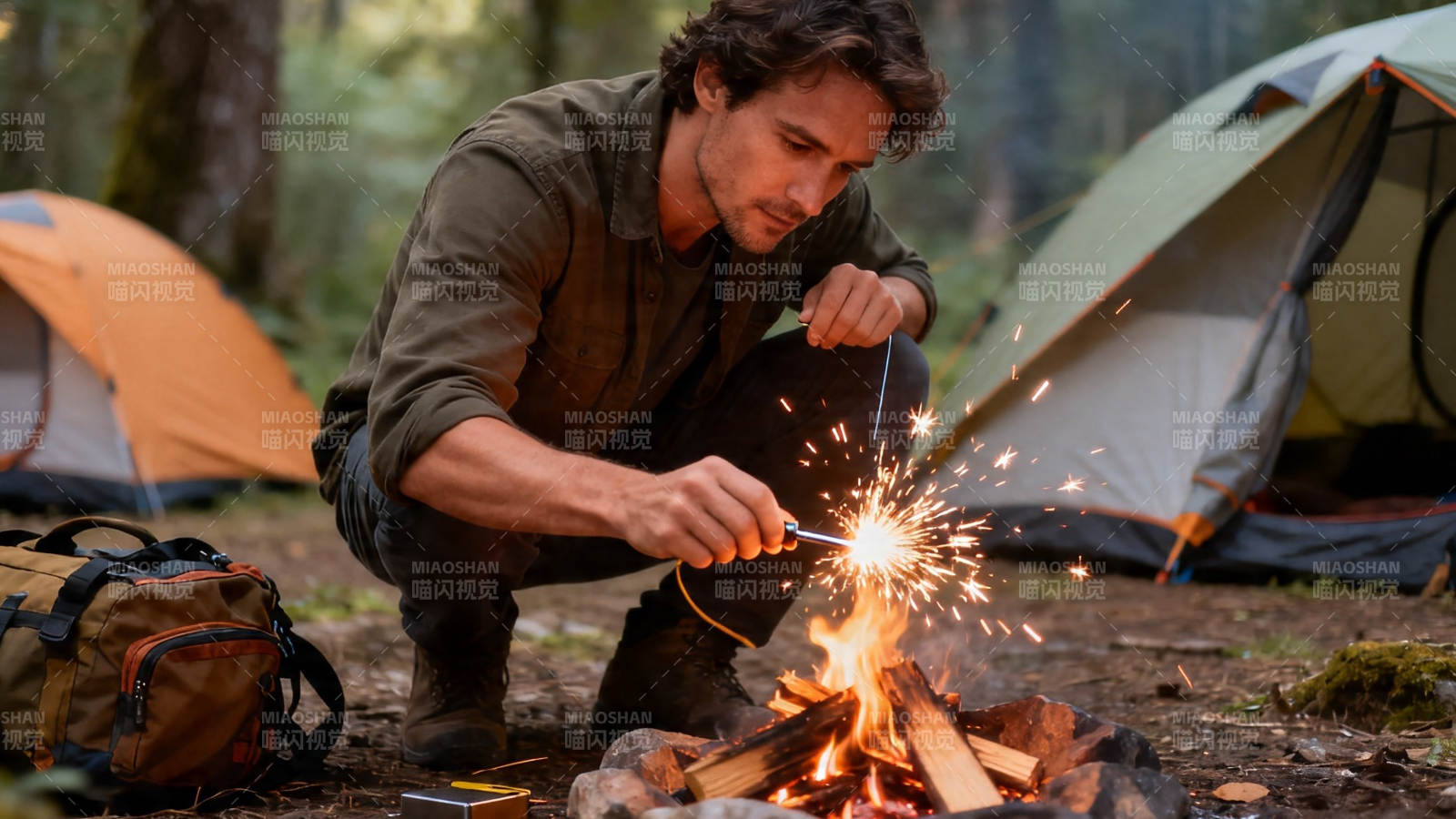 露营生火 火花四溅图片