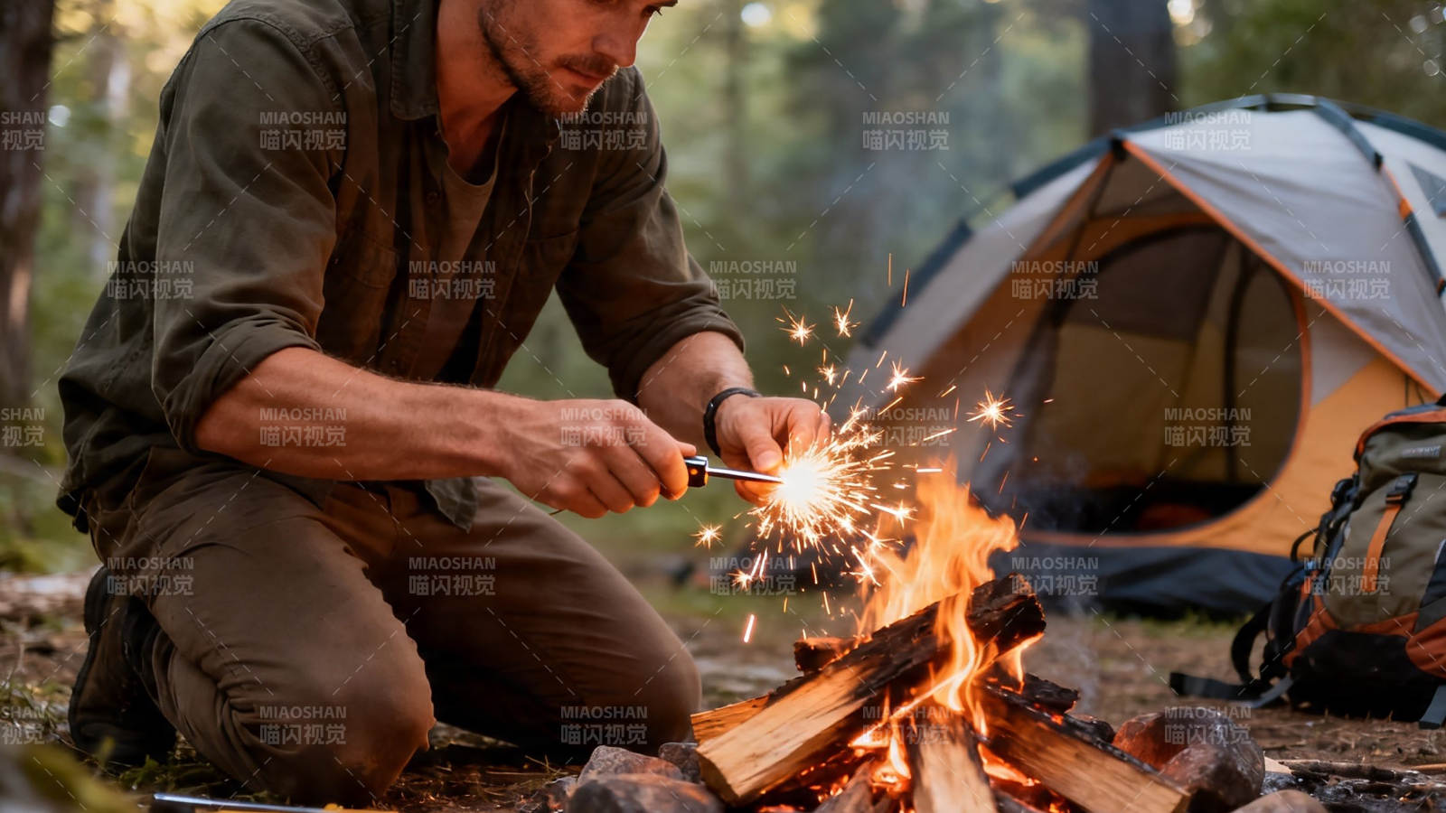 野外生火 帐篷旁露营图片