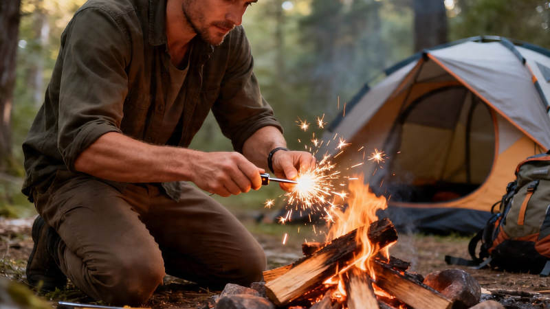 野外生火 帐篷旁露营图片