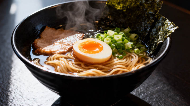 热气腾腾的日式拉面碗图片