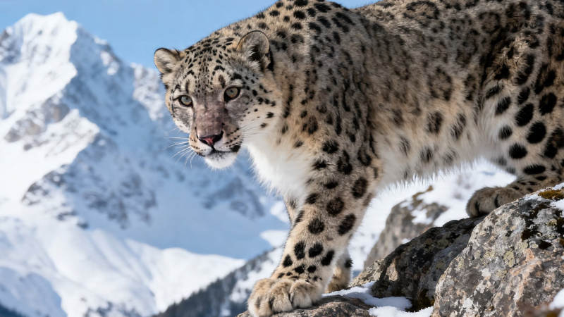 雪豹立岩 雪山为背景图片