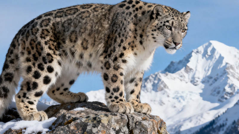 雪豹立岩 雪山为背景图片