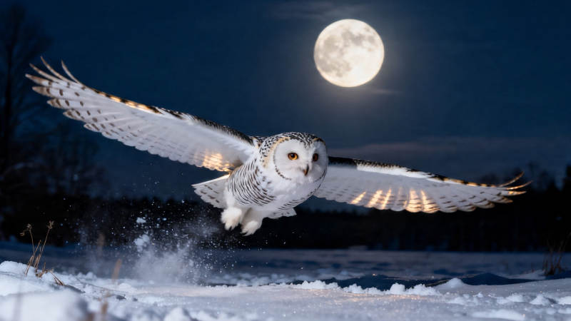 月夜雪鸮展翅飞图片