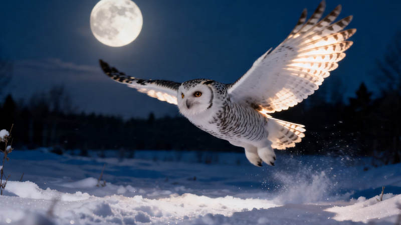 月夜雪鸮展翅飞图片