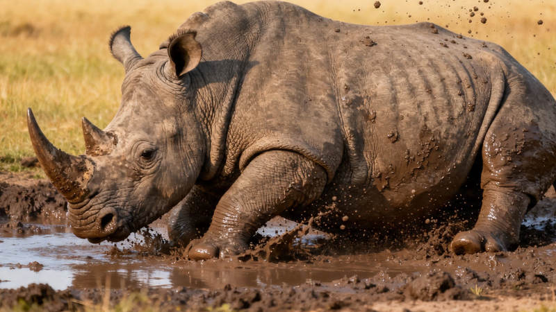 犀牛泥潭中奔跑溅泥浆图片