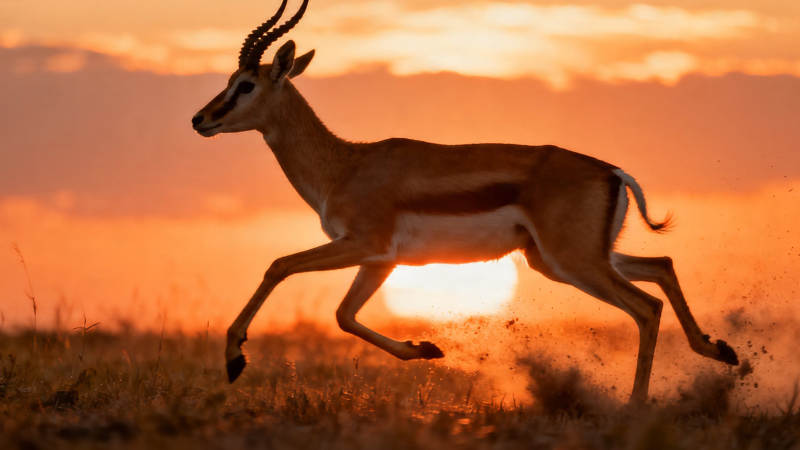 夕阳下羚羊奔跑剪影图片