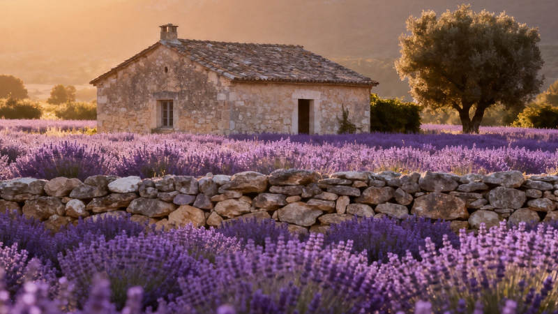 薰衣草田中的石屋黄昏图片