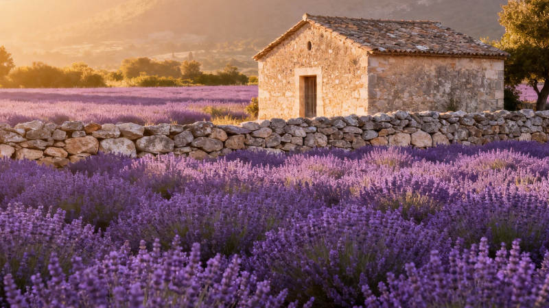 薰衣草田中的石屋夕阳图片