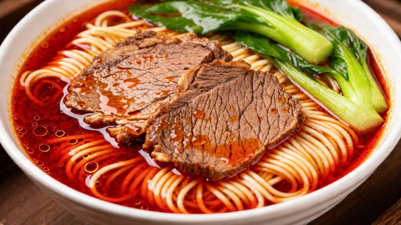 红油牛肉面配青菜图片