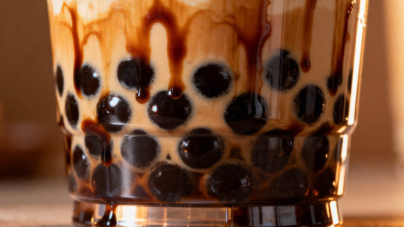 珍珠奶茶特写 黑糖挂壁诱人图片