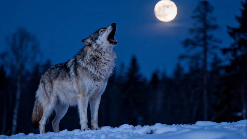 月下雪狼仰天长啸图片