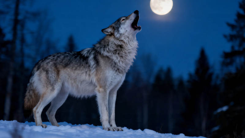 月夜狼嚎 雪林孤影图片