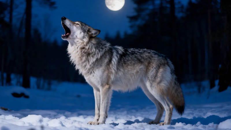 月夜雪原狼嚎图片
