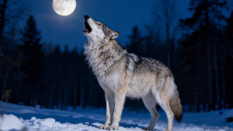 月下雪地 孤狼仰天长啸图片