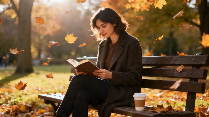 秋日公园 女子静读落叶纷飞图片