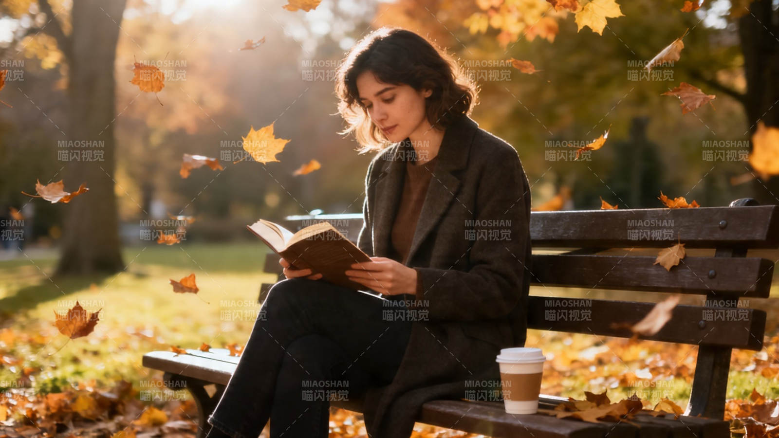 秋日公园 女子静读落叶纷飞图片