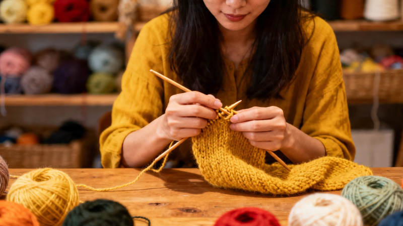 女子专注编织黄色毛衣图片