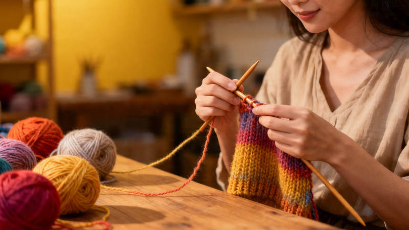 女子专注编织彩色毛线图片