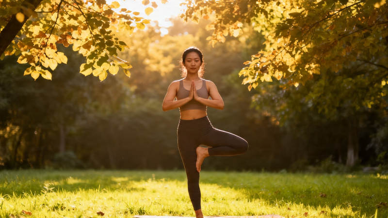 秋日树下瑜伽静修图片