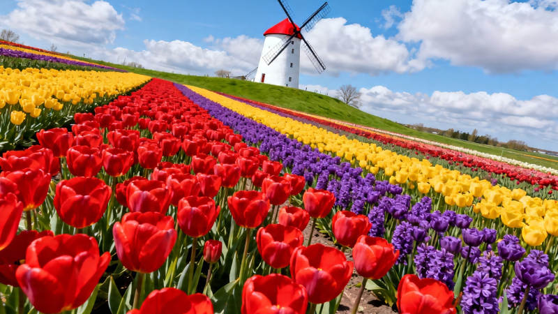 风车下的彩色花海图片