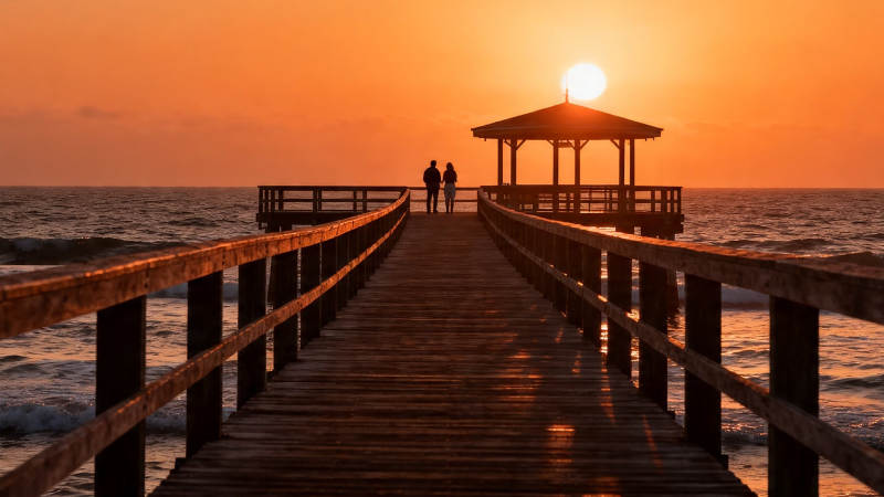 夕阳栈桥 双人剪影图片