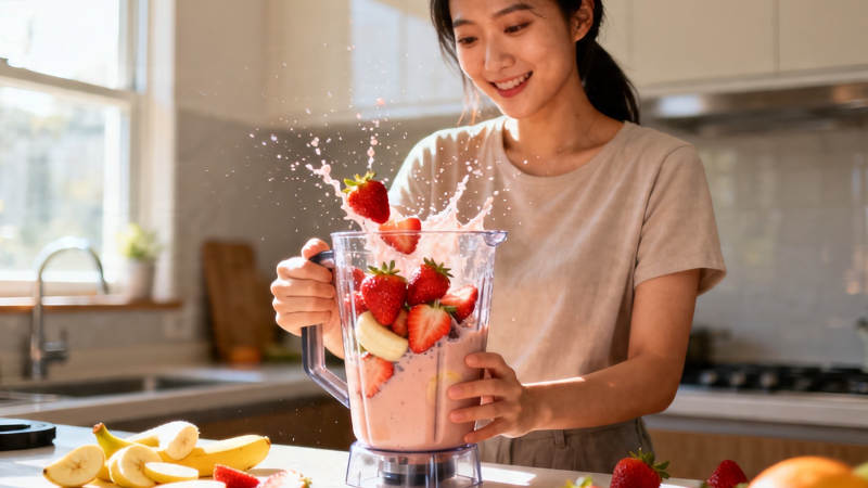 草莓香蕉奶昔制作中图片