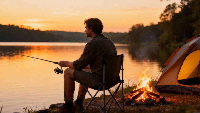 夕阳湖畔 篝火旁垂钓露营图片