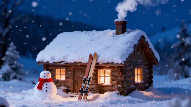 雪夜木屋 雪人伴滑雪板图片