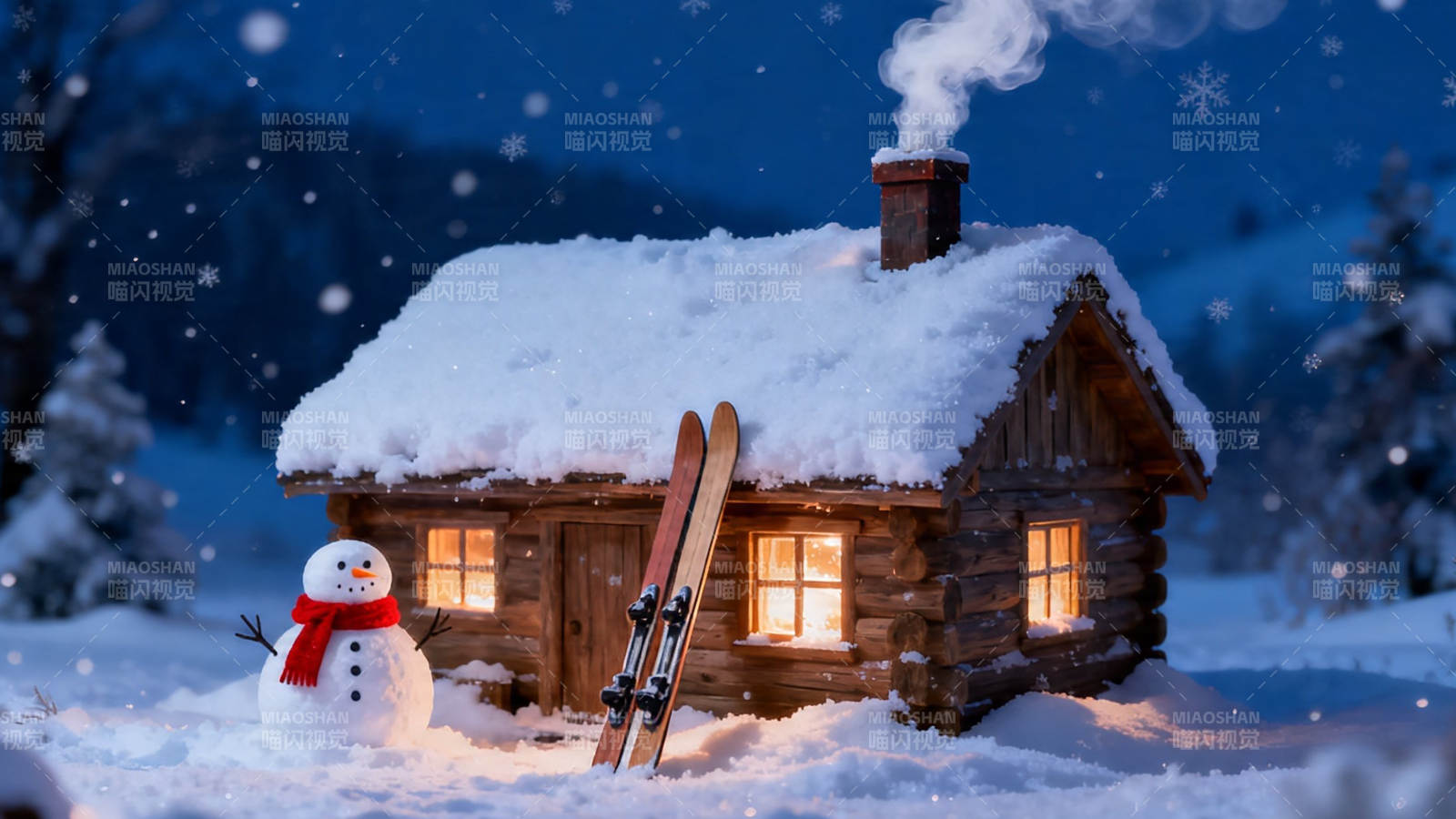 雪夜木屋 雪人伴滑雪板图片