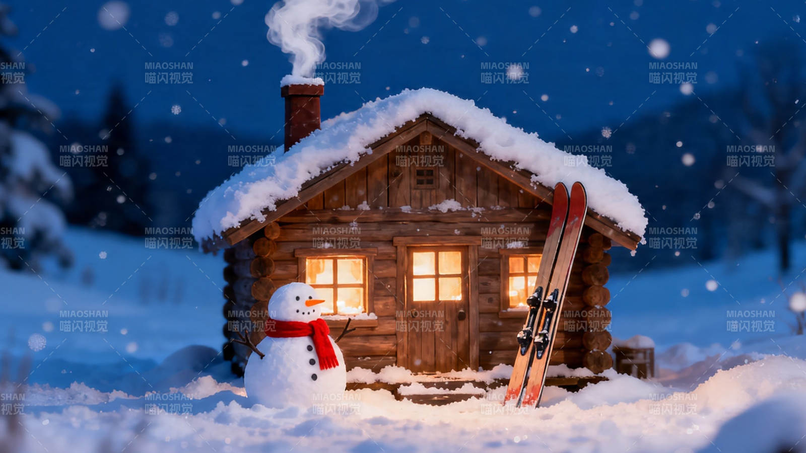 雪夜木屋 雪人伴滑雪板图片