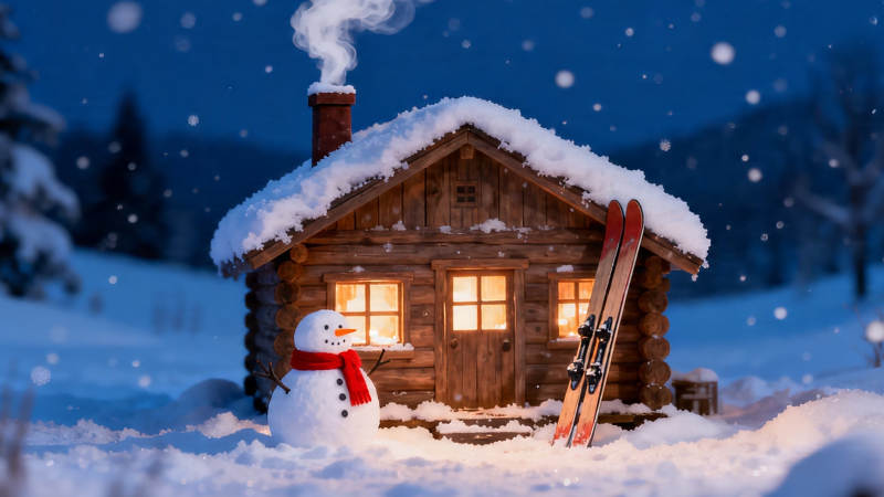 雪夜木屋 雪人伴滑雪板图片