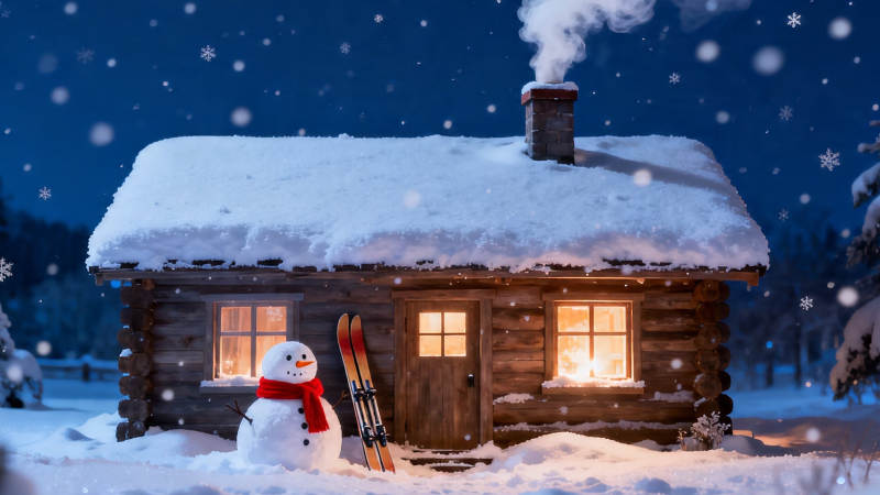 雪夜木屋 雪人伴暖光图片