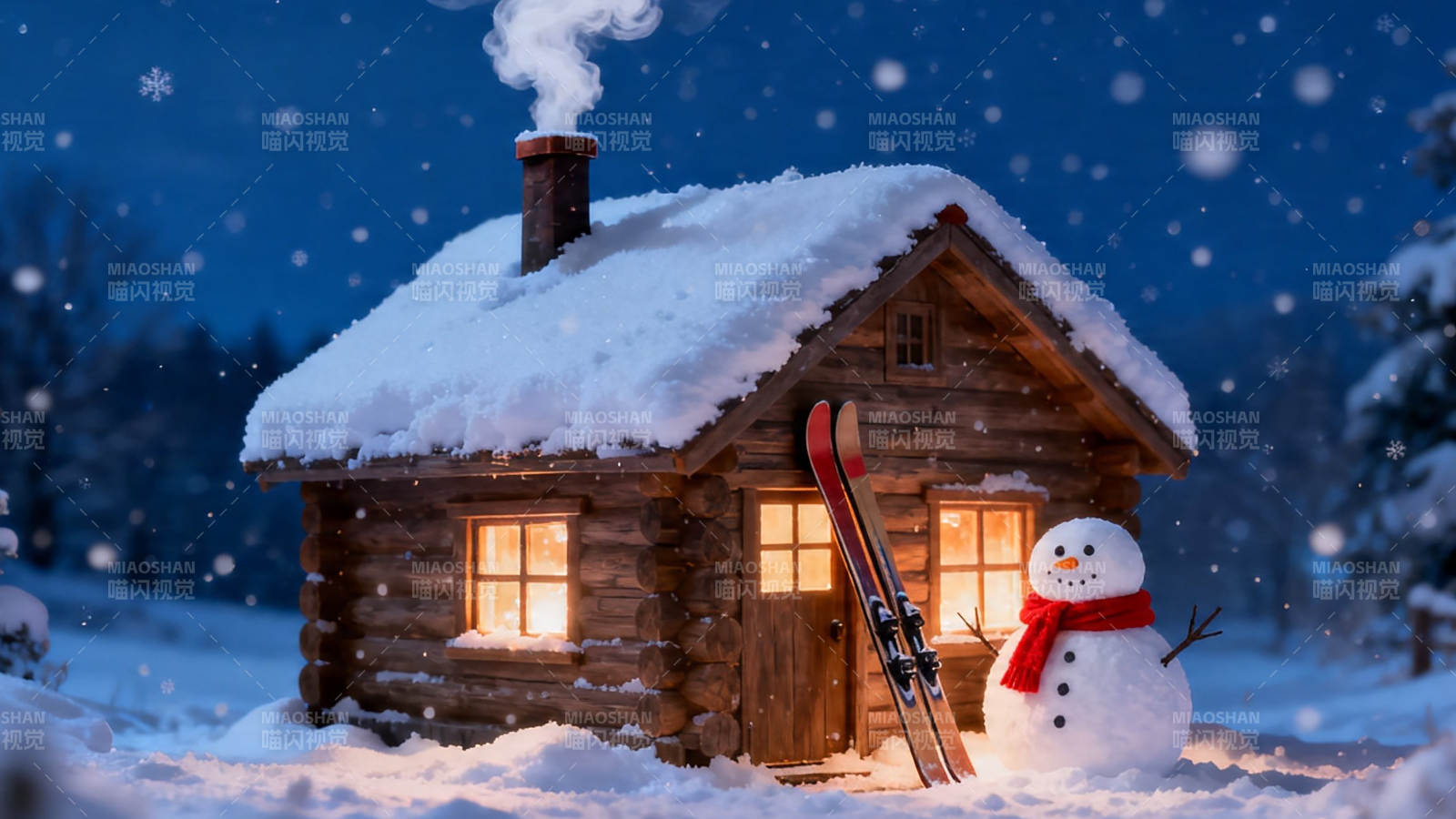 雪夜木屋 雪人伴暖光图片