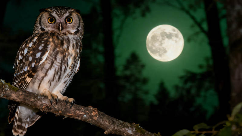 月夜猫头鹰栖枝凝望图片
