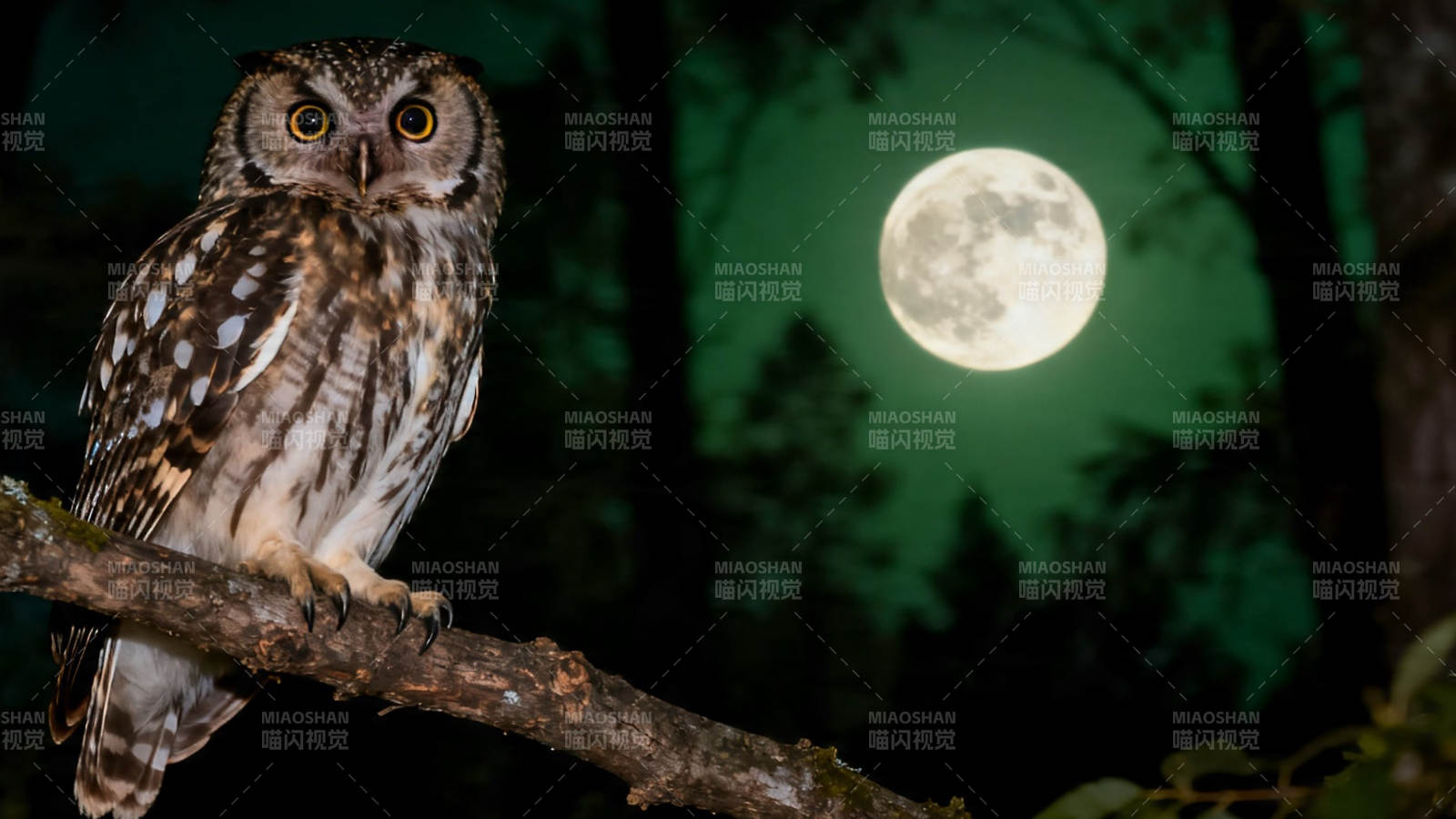 月夜猫头鹰栖枝凝望图片