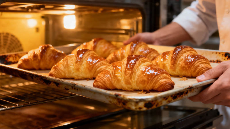 刚出炉的金黄可颂面包图片