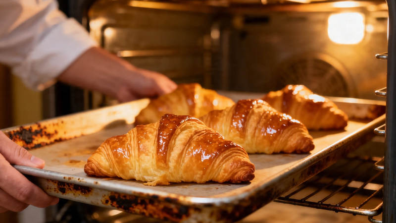 金黄酥皮可颂出炉瞬间图片