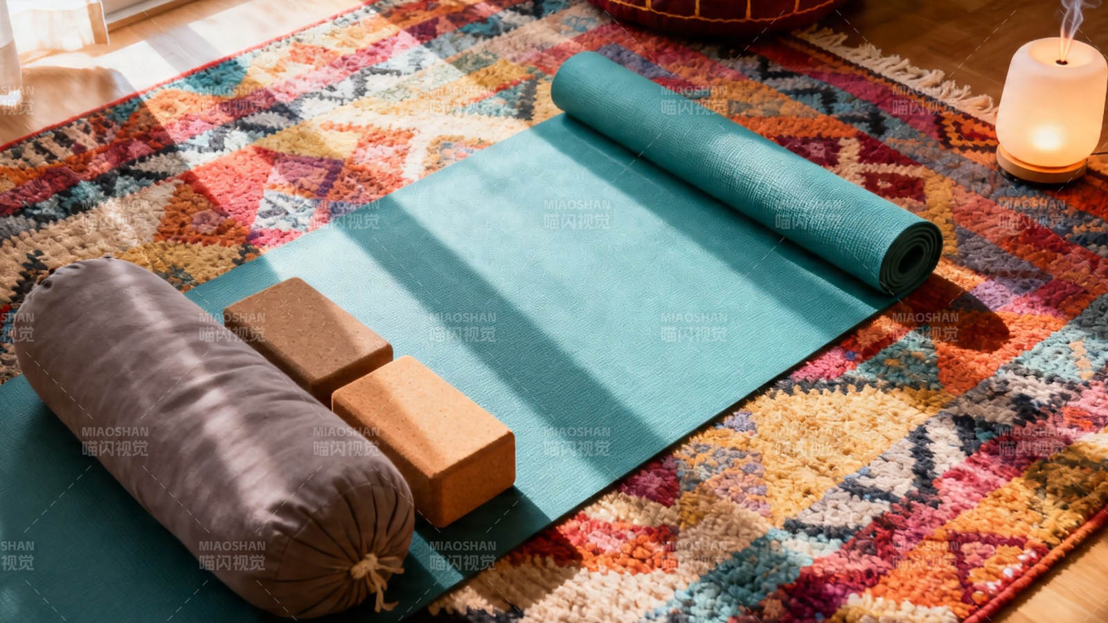 瑜伽垫与辅具静置彩毯上图片